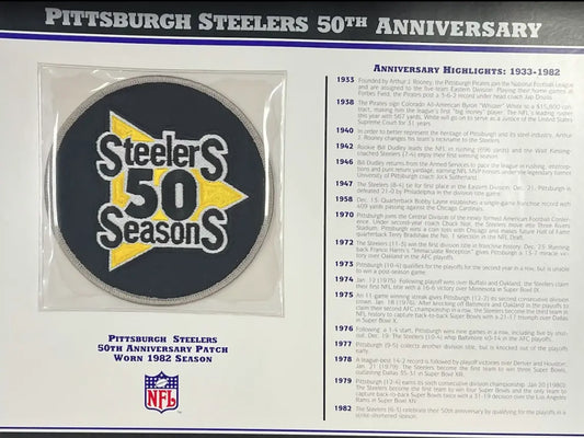 1982 Pittsburgh Steelers 50th Anniversary Willabee & Ward Patch With Stat Card