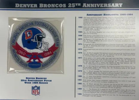 1984 Denver Broncos 25th Anniversary Willabee & Ward Jersey Patch With Stat Card