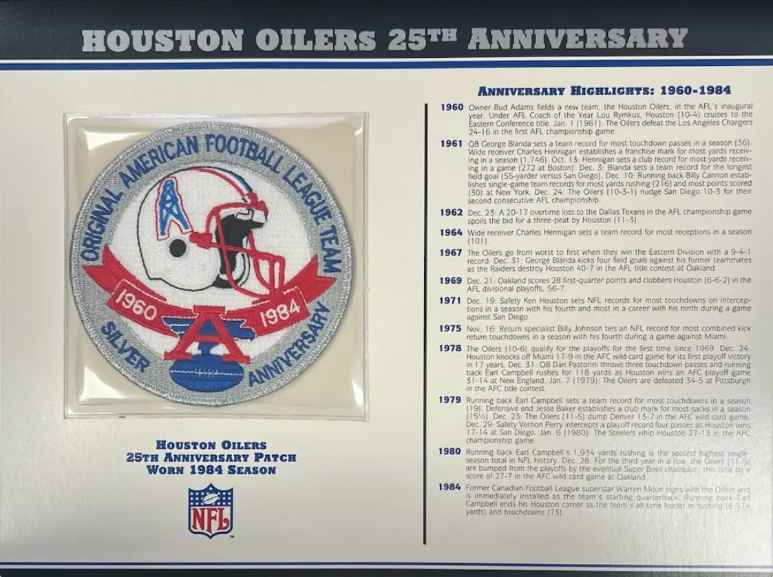 Écusson Willabee & Ward du 25e anniversaire des Houston Oilers 1984 avec carte de statistiques