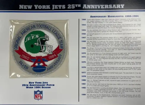 1984 New York Jets 25th Anniversary Willabee & Ward Patch With Stat Card