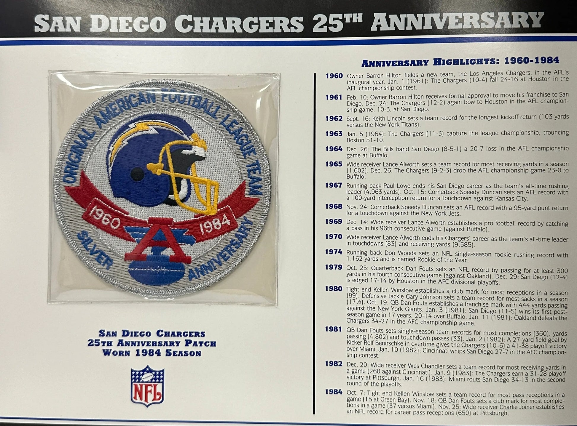 1984 San Diego Chargers 25th Anniversary Willabee & Ward Patch With Stat Card
