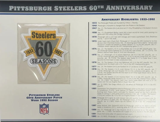 1992 Pittsburgh Steelers 60th Anniversary Willabee & Ward Patch With Stat Card