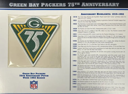1993 Green Bay Packers 75th Anniversary Willabee & Ward Patch With Stat Card