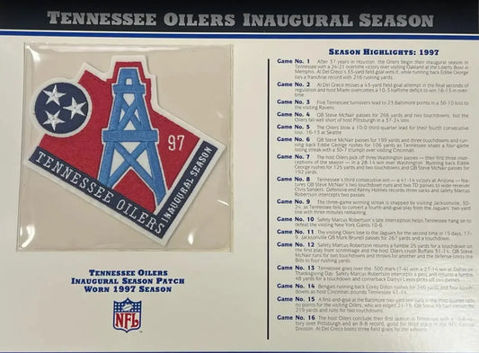 1997 Tennessee Oilers Inaugural Season Willabee & Ward Patch With Stat Card