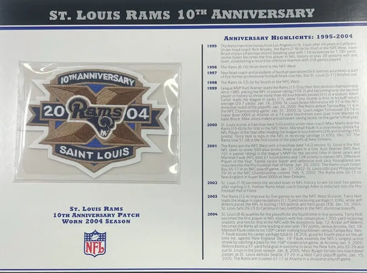 2004 St Louis Rams 10th Anniversary Willabee & Ward Patch With Stat Card