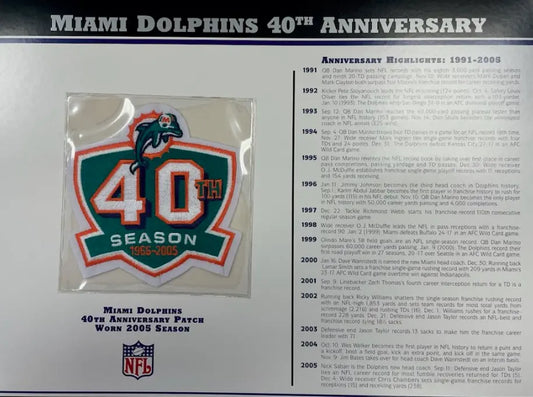 2005 Miami Dolphins 40th Anniversary Willabee & Ward Patch With Stat Card