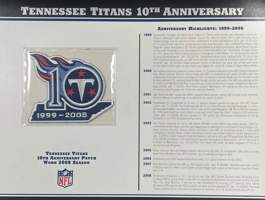2008 Tennessee Titans 10th Anniversary Willabee & Ward Patch With Stat Card