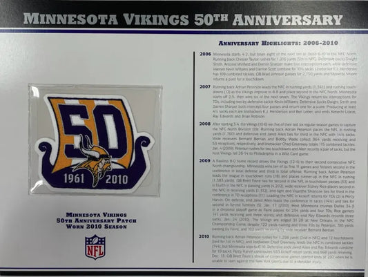 Écusson Willabee & Ward du 50e anniversaire des Vikings du Minnesota 2010 avec carte de statistiques
