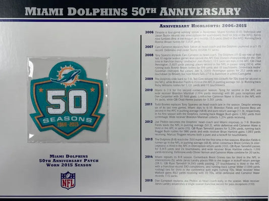 2015 Miami Dolphins 50th Anniversary Willabee & Ward Patch With Stat Card