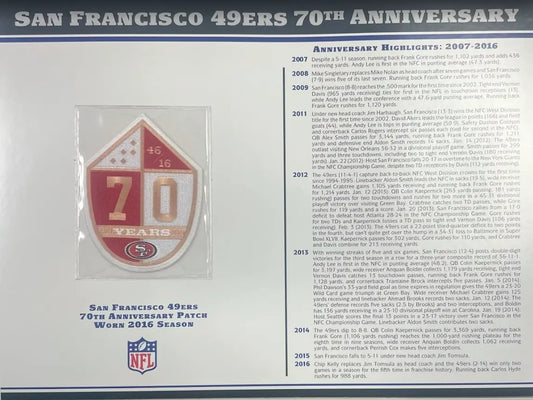 2016 San Francisco 49ers 70th Anniversary Willabee & Ward Patch With Stat Card