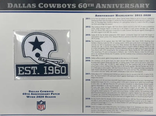 2020 Dallas Cowboys 60th Anniversary Willabee & Ward Patch With Stat Card