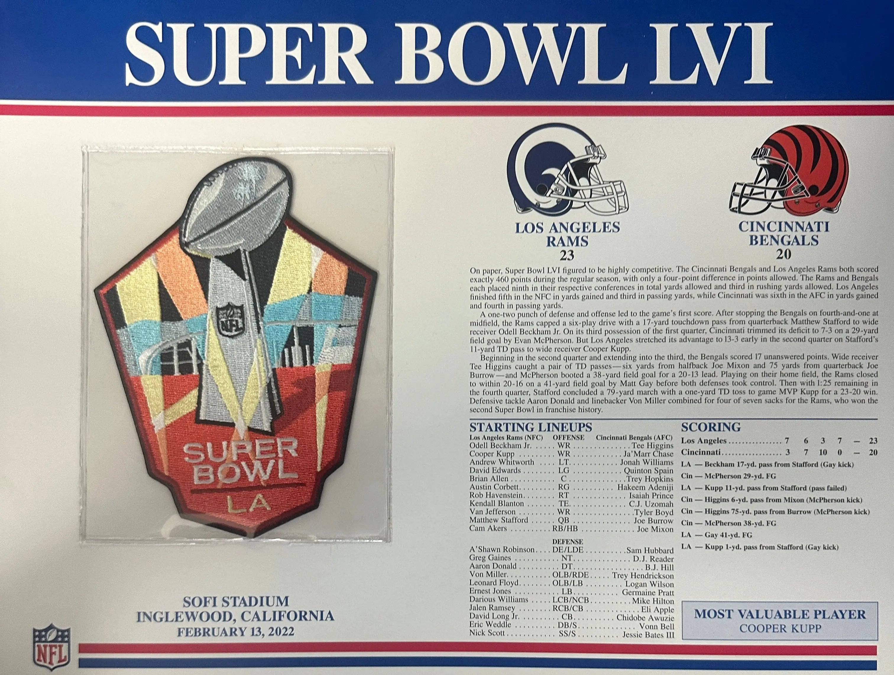 2022 NFL Super Bowl 56 LVI Willabee & Ward Patch Los Angeles Rams vs. Cincinnati Bengals