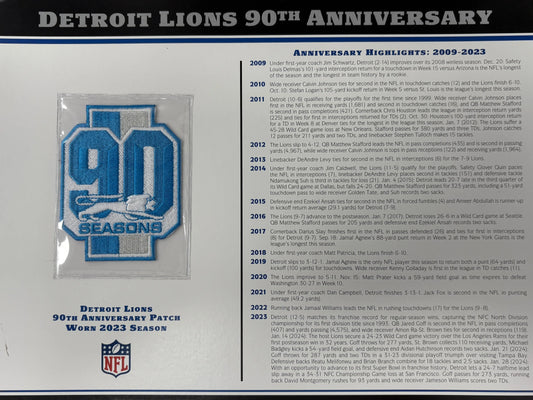 2023 Detroit Lions 90th Anniversary Willabee & Ward Patch With Stat Card