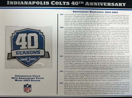 2023 Indianapolis Colts 40th Anniversary Willabee & Ward Patch With Stat Card