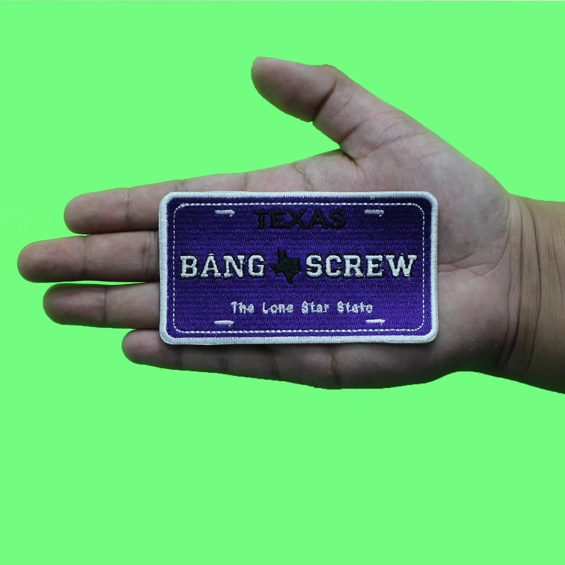 Bang Screw License Plate Patch Houston Texas Embroidered Iron On