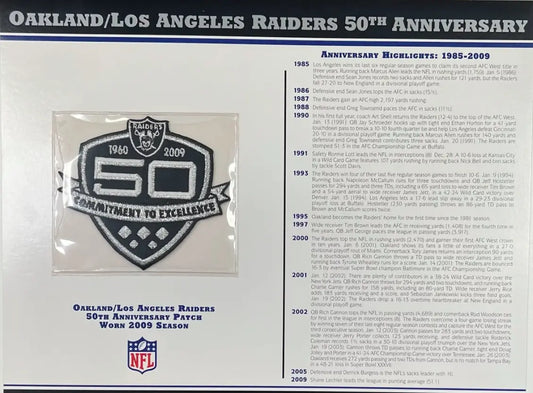 2009 Oakland / Los Angeles Raiders 50th Anniversary Willabee & Ward Patch With Stat Card
