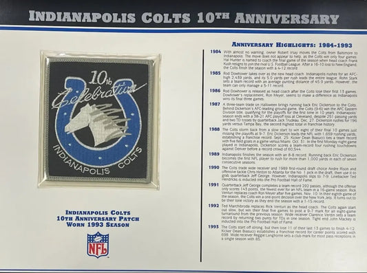 1993 Indianapolis Colts 10th Anniversary Willabee & Ward Patch With Stat Card