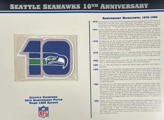 1985 Seattle Seahawks 10th Anniversary Willabee & Ward Patch With Stat Card