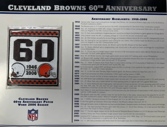 2006 Cleveland Browns 60th Anniversary Willabee & Ward Patch With Stat Card