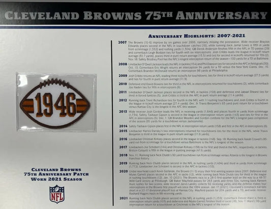 2021 Cleveland Browns 75th Anniversary Willabee & Ward Patch With Stat Card