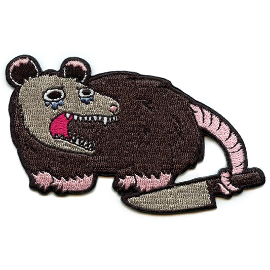 Crying Scared Opossum Patch Knife Marsupial Mammal Embroidered Iron On
