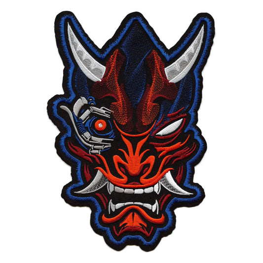 Cyber Oni Mask Japanese Demon Back Patch Angry Head Robot XL Embroidered Iron On