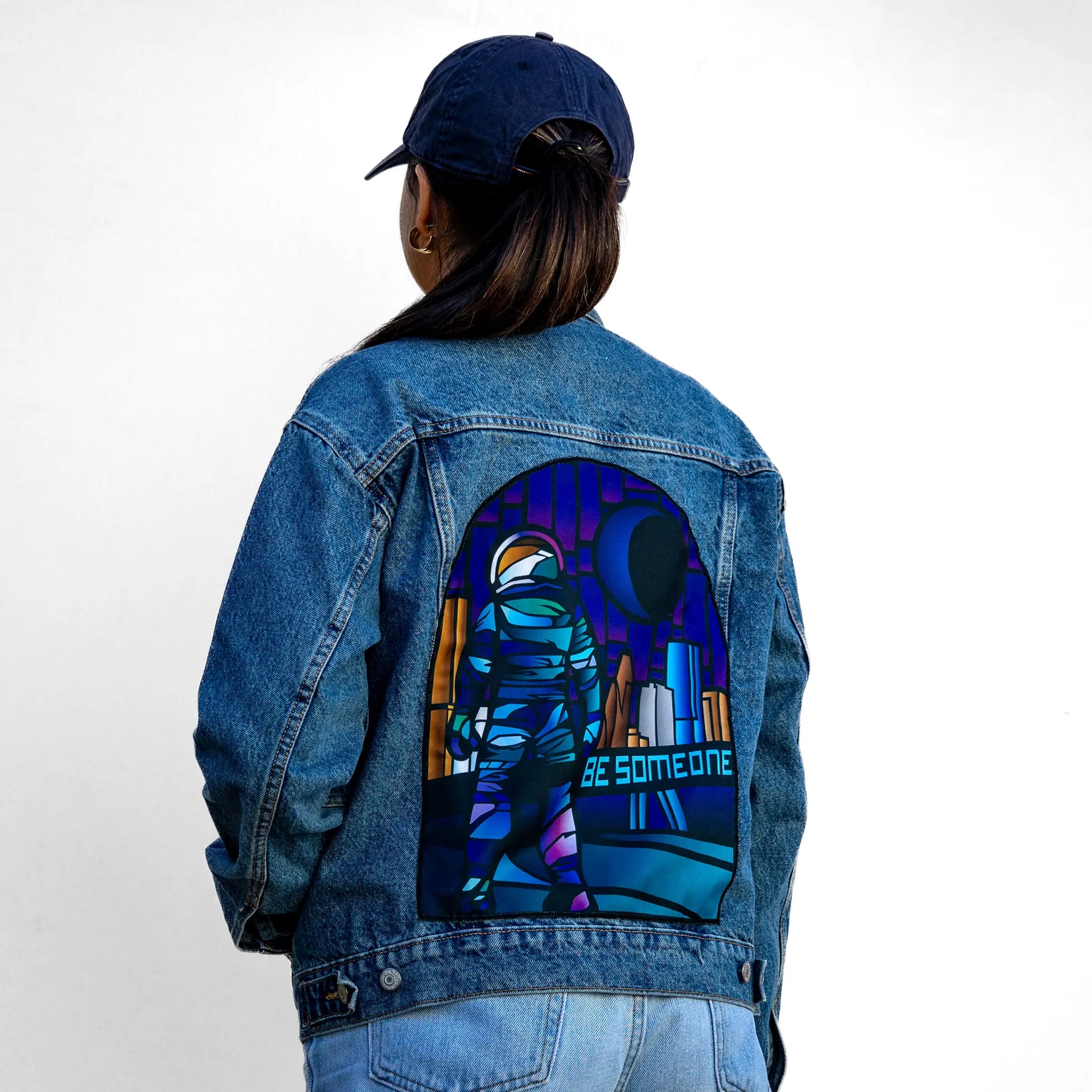 Custom Houston Astronaut Be Someone Stain Glass Denim Jacket