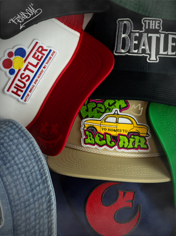 hat featuring pop culture patches from tv anf music culture