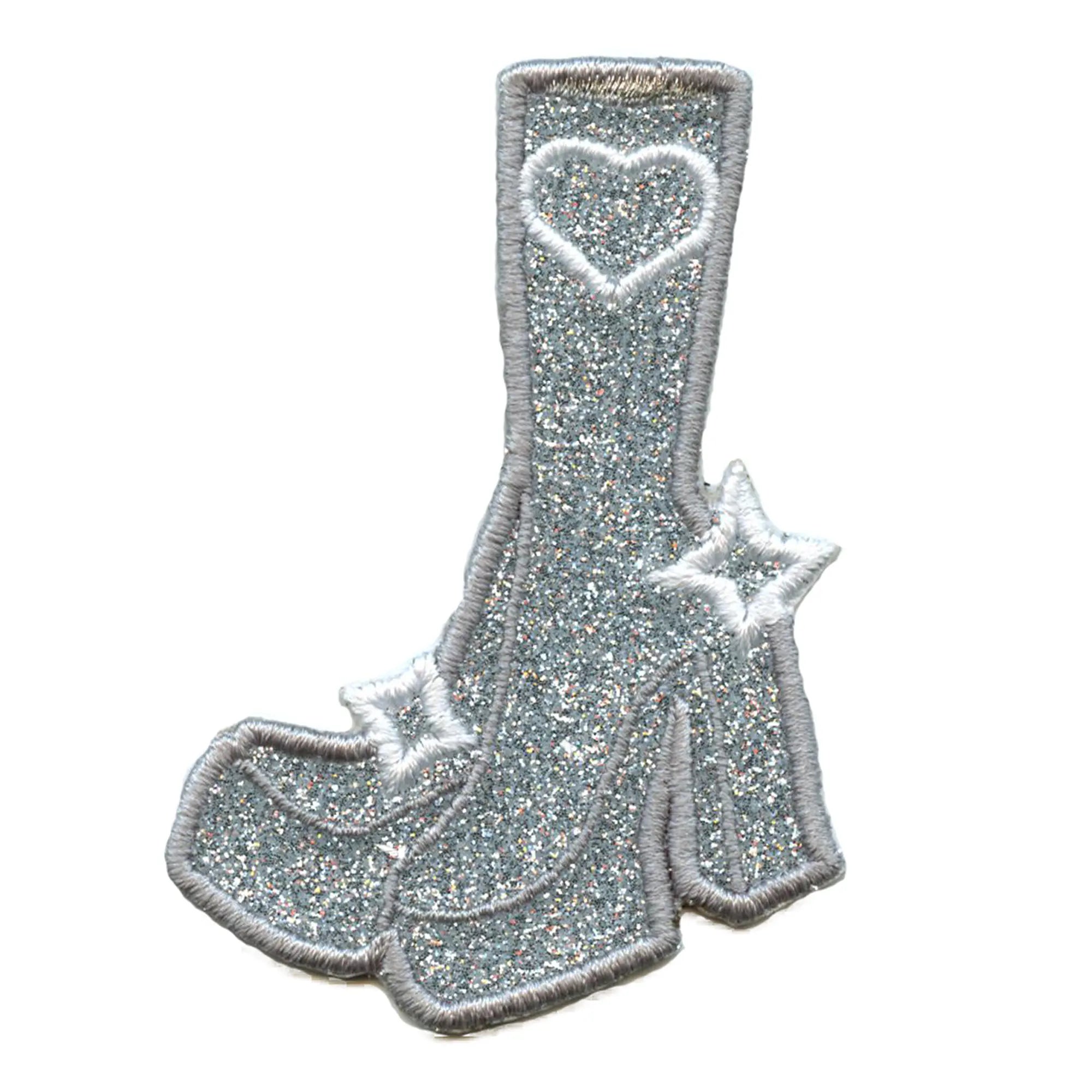 Heart Silver Boots Patch Pop Artist Girly Glitter Applique Iron On