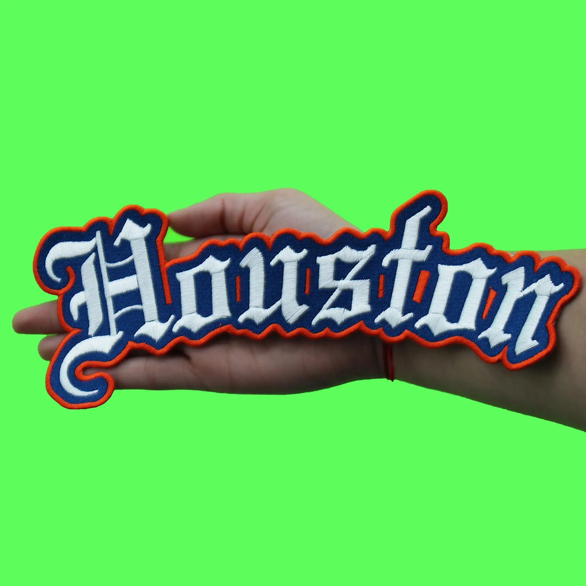 Houston Old English Patch XL Script Logo Embroidered Iron on Navy Orange