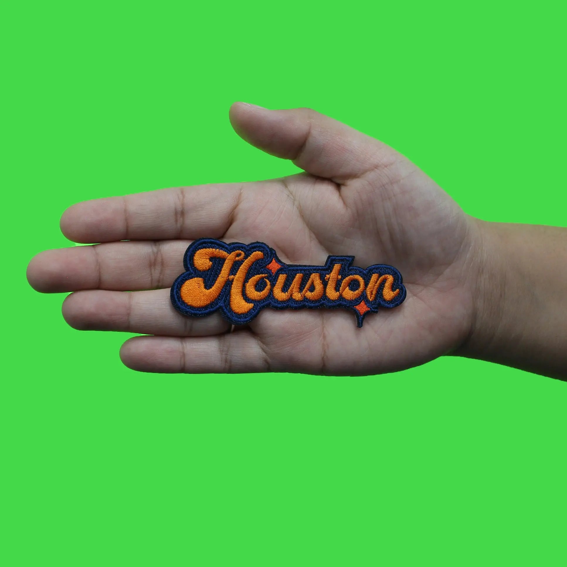 Houston Sparkle Script Patch Navy/Orange Baseball Sports Embroidered Iron On