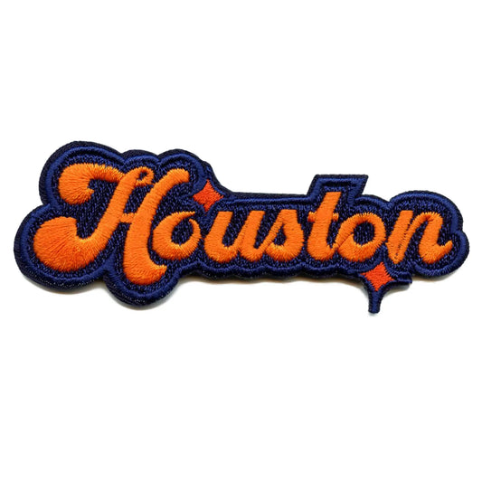 Houston Sparkle Script Patch Navy/Orange Baseball Sports Embroidered Iron On