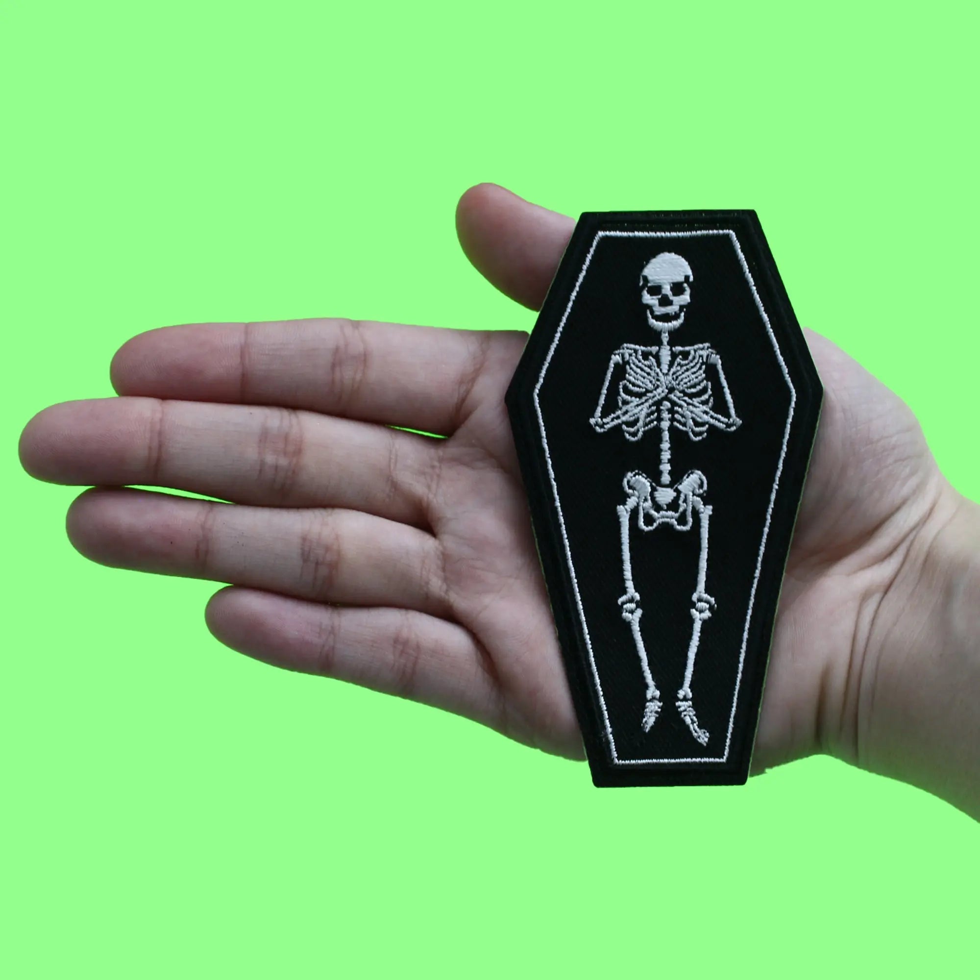 Skeleton Laying in Coffin Patch Spooky Bones Body Embroidered Iron On
