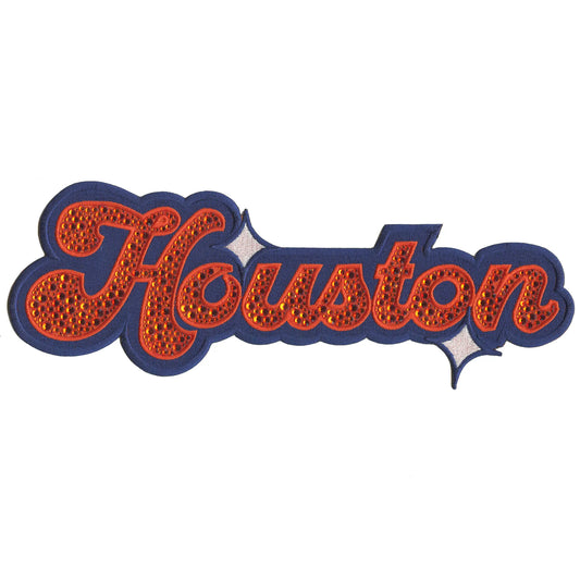 XL Houston Sparkle Bling Bedazzled Script Patch Navy/Orange Baseball Sports Embroidered Iron On