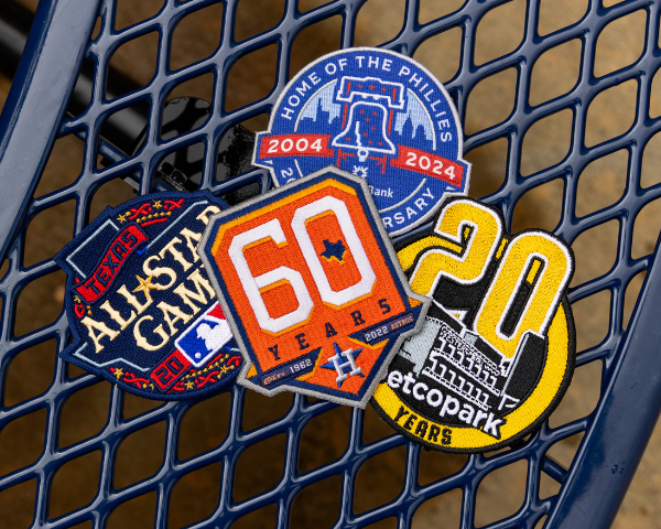 mlb patches on a bench