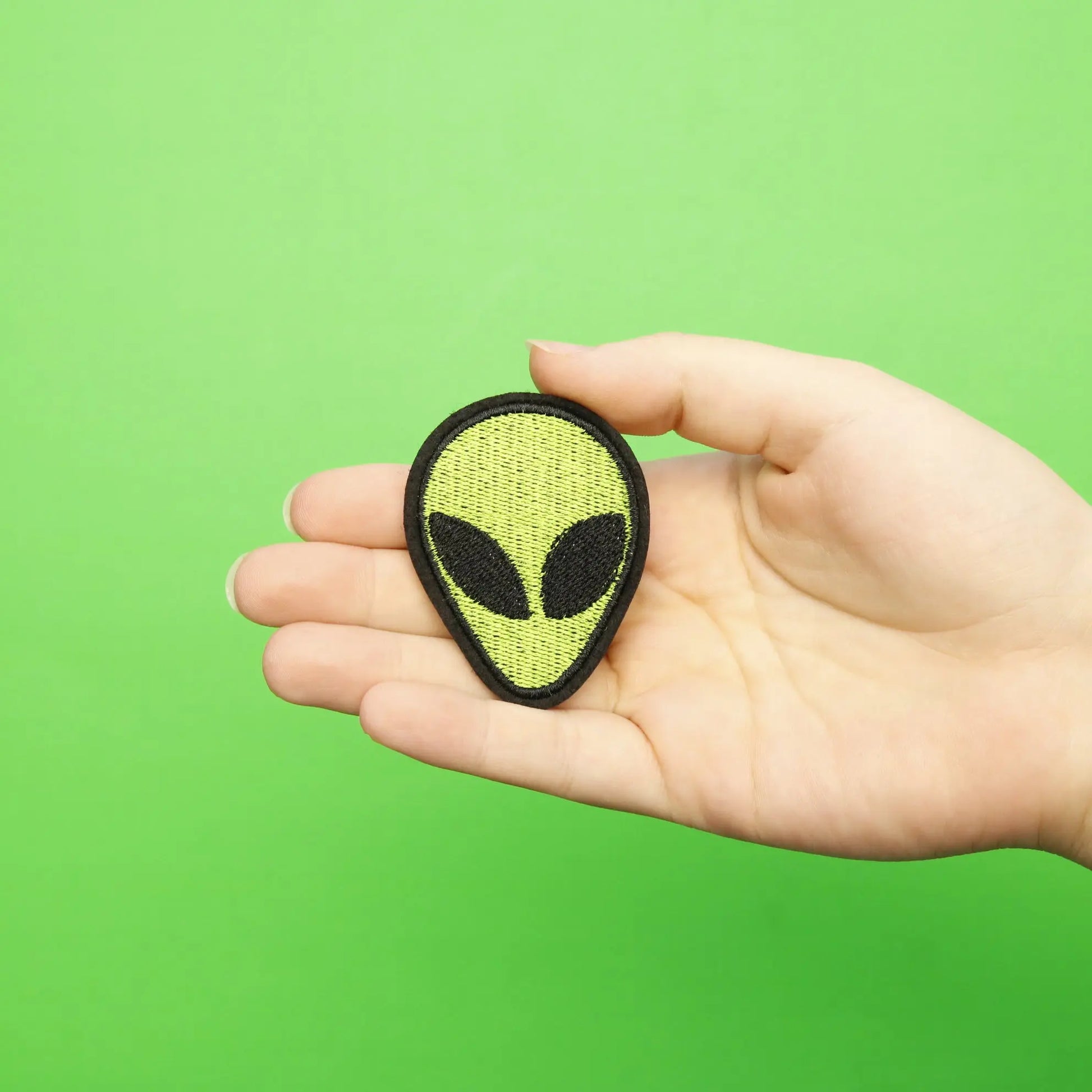 Small Green Alien Head Embroidered Iron On Patch 