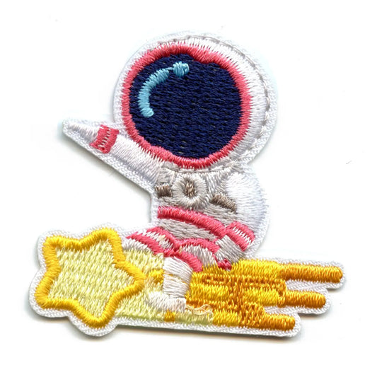 Small Pink Astronaut On A Shooting Star Embroidered Iron On Patch