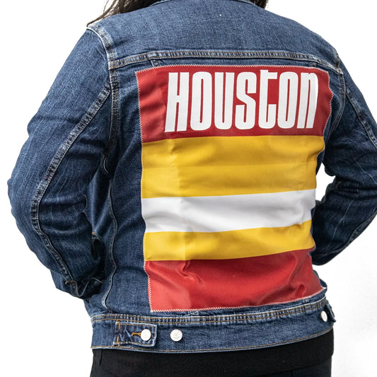 Custom Houston Basketball Team Retro Rainbow Dark Denim Jacket For Women