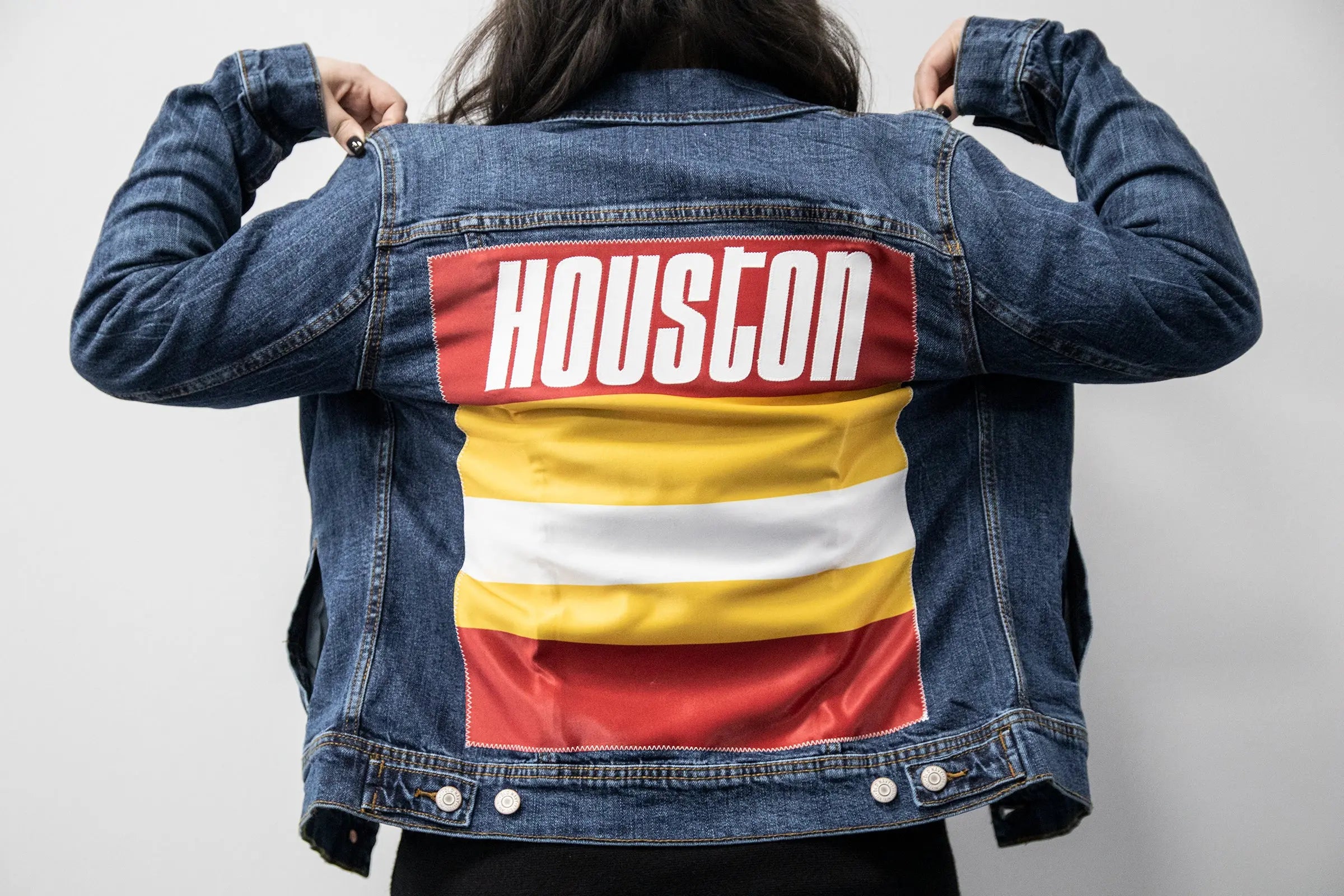 Custom Houston Basketball Team Retro Rainbow Dark Denim Jacket For Women