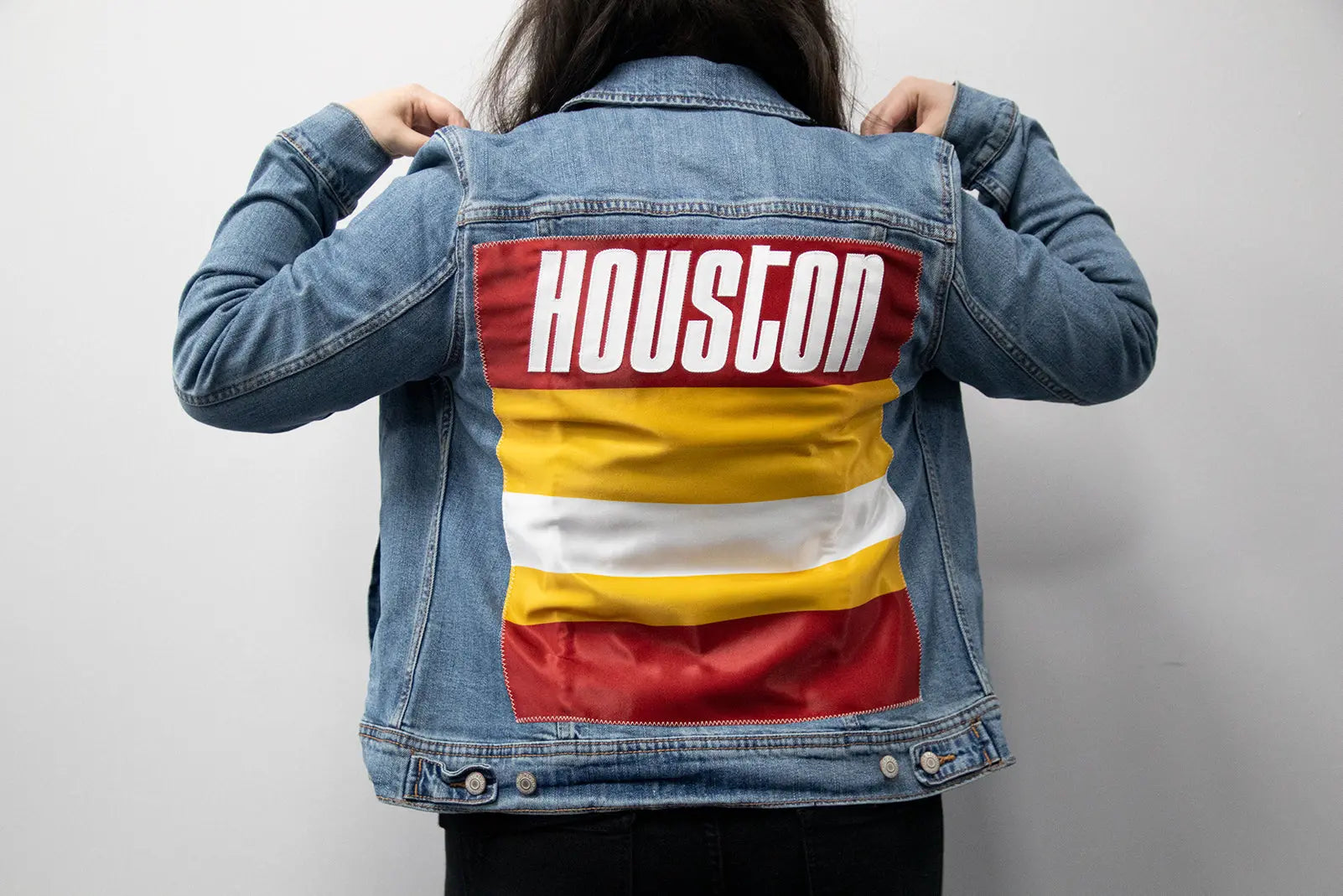 Custom Houston Basketball Team Retro Rainbow Light Denim Jacket For Women