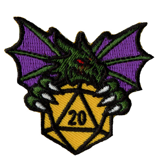 20 Sided Die With Dragon Embroidered Iron On Patch 