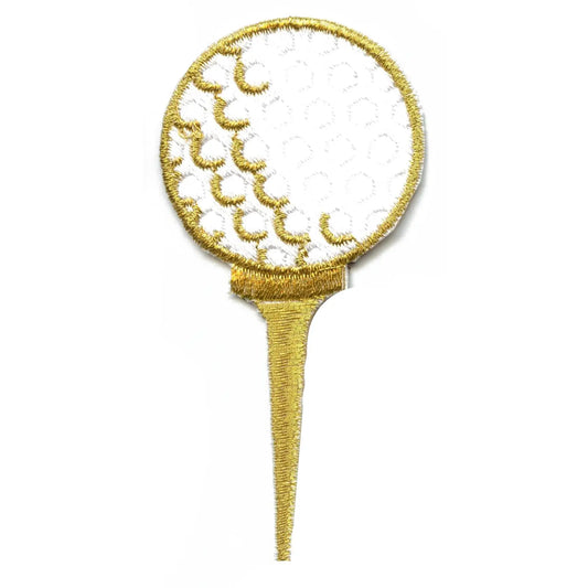 Golf Ball In Gold Tee Embroidered Iron On Patch 