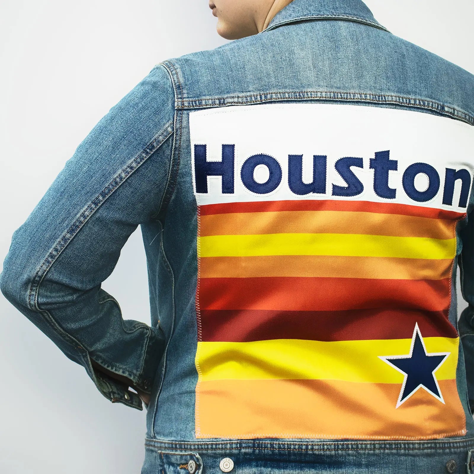 Custom Houston Baseball Team Retro Rainbow Light Denim Jacket For Women
