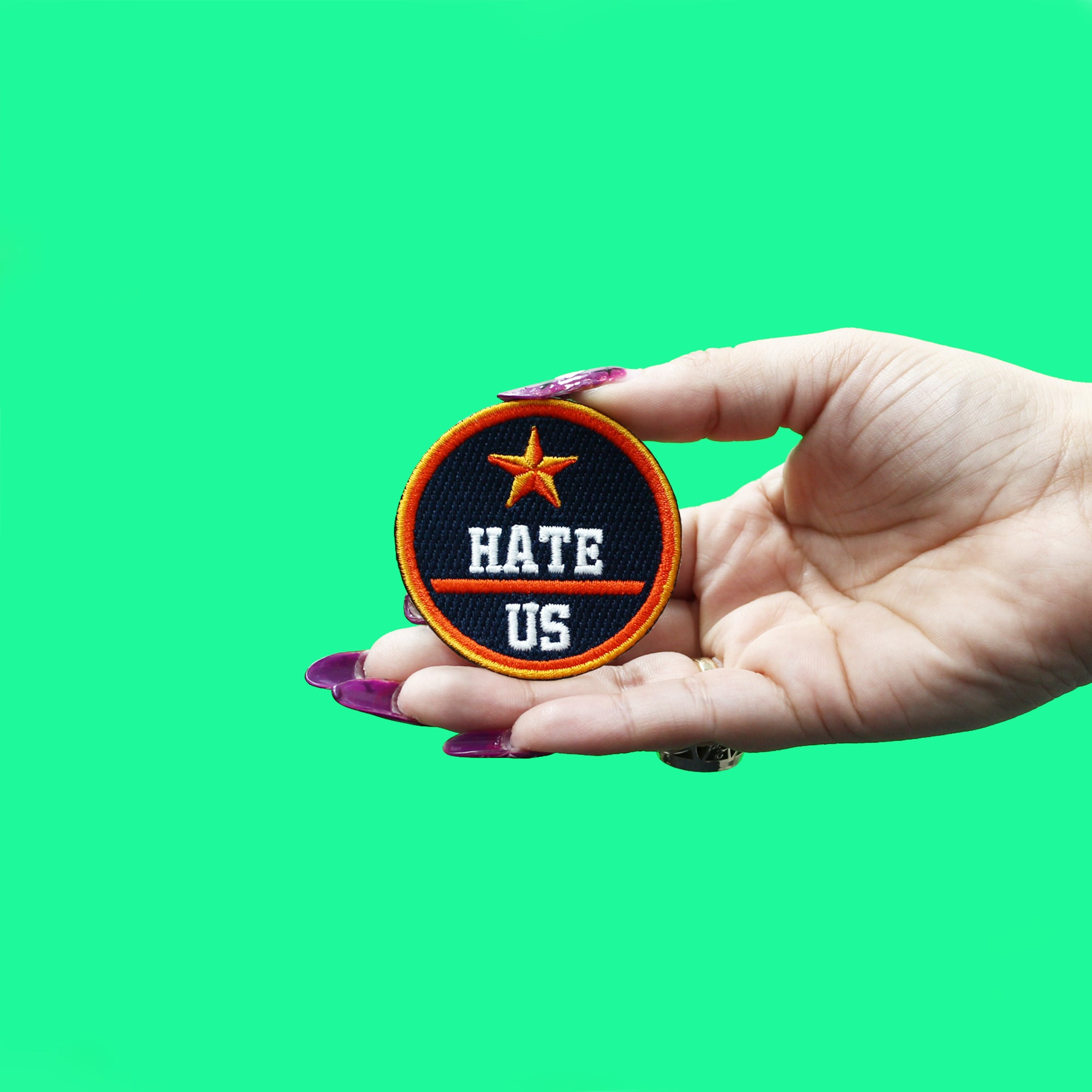 Round H-Town Hate Us Patch Baseball Parody Embroidered Iron On