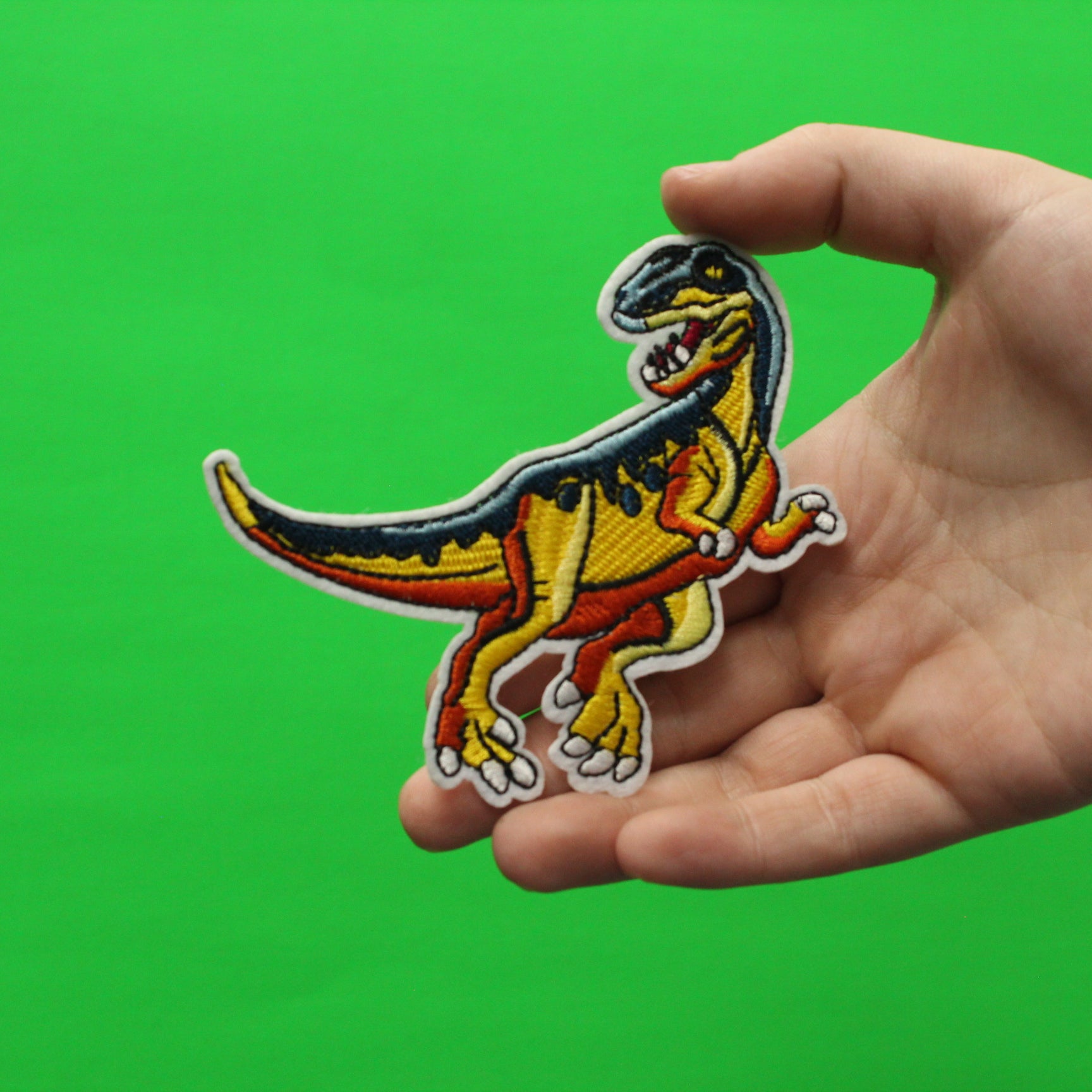 Velociraptor Standing Yellow And Blue Dinosaur Embroidered Iron On Patch 