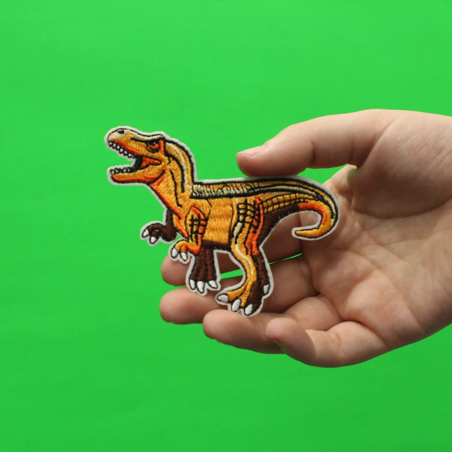 T-Rex Orange And Brown Dinosaur Embroidered Iron On Patch