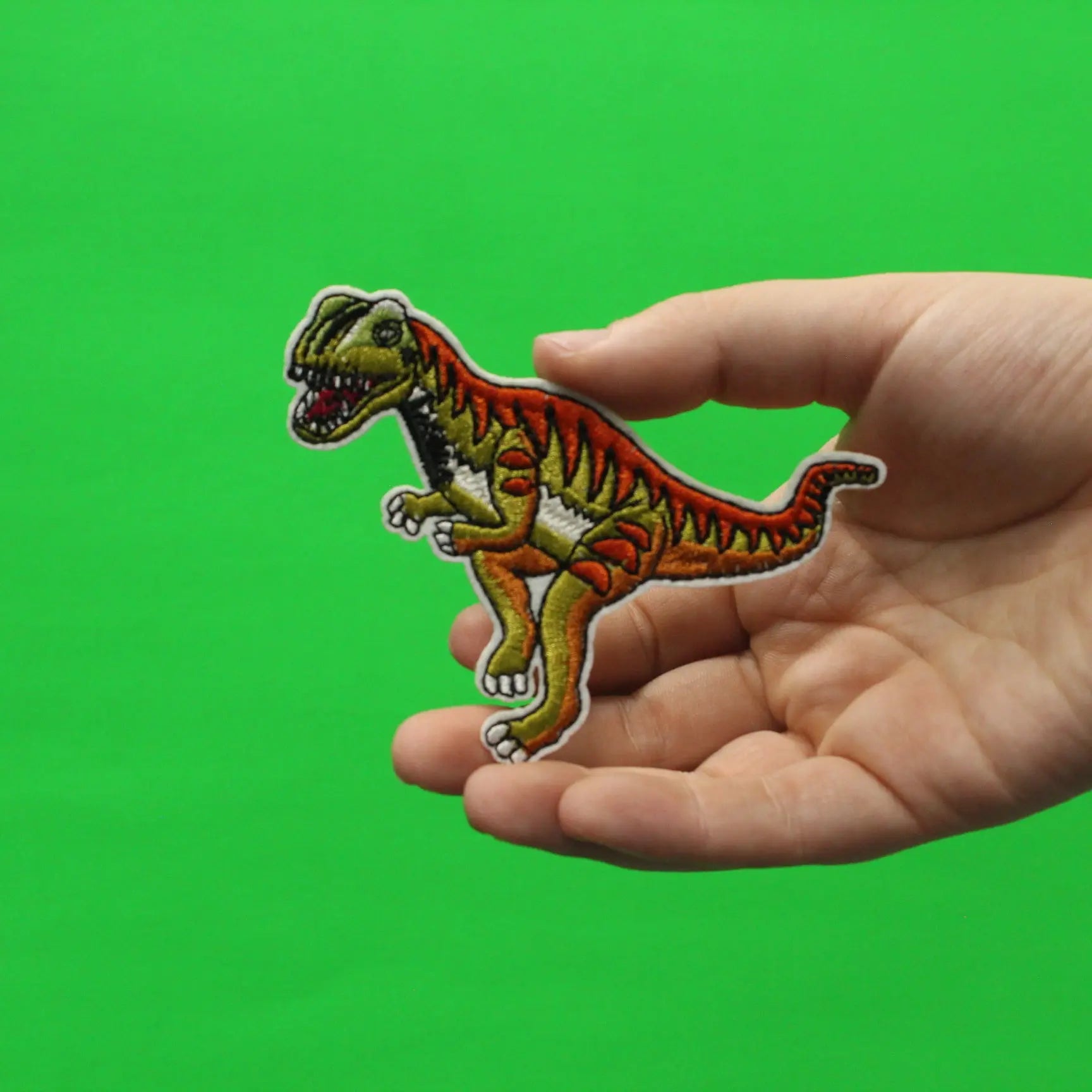 T-Rex Orange And Green Standing Dinosaur Embroidered Iron On Patch