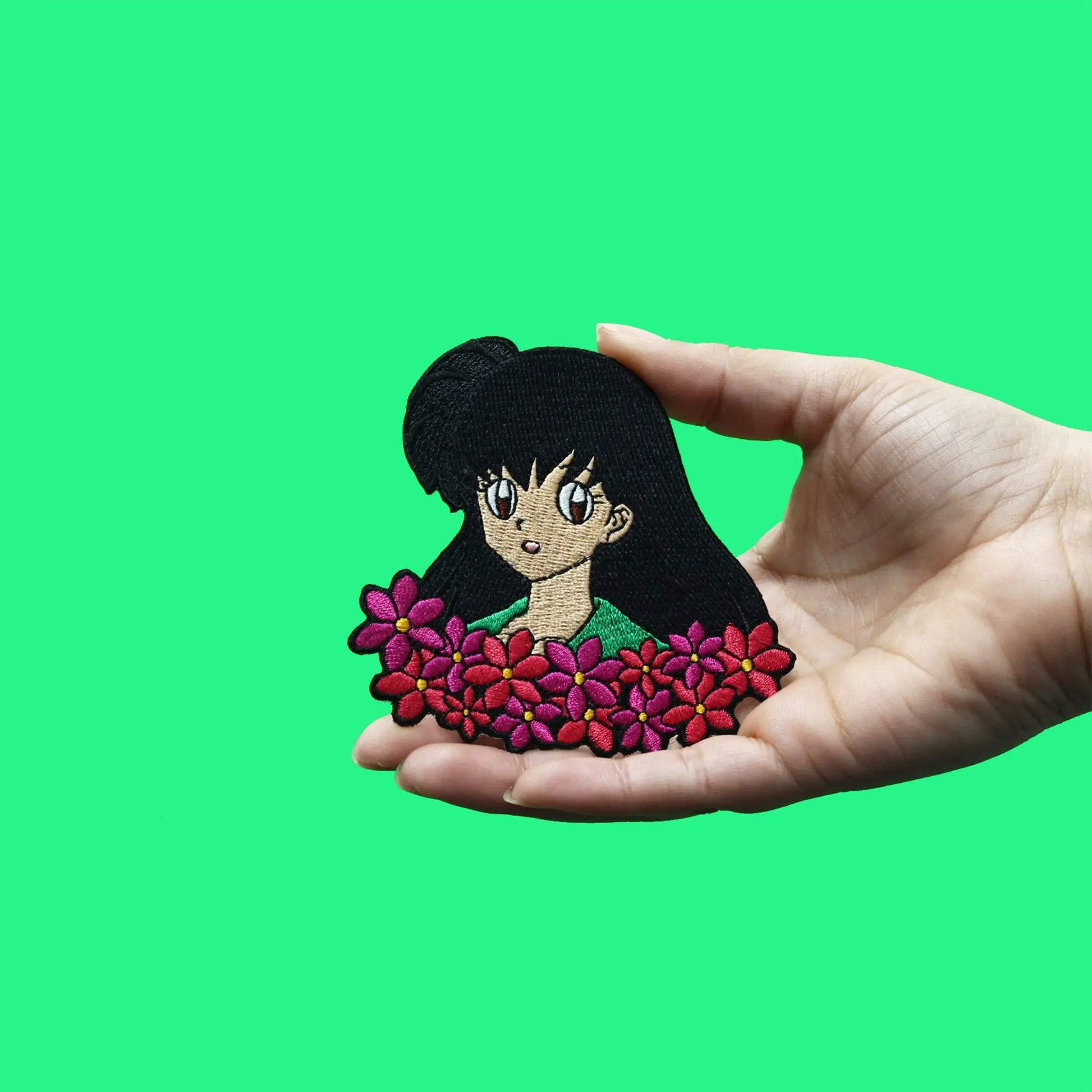 Inuyasha Kagome Patch Pink Flowers Headshot Embroidered Iron On