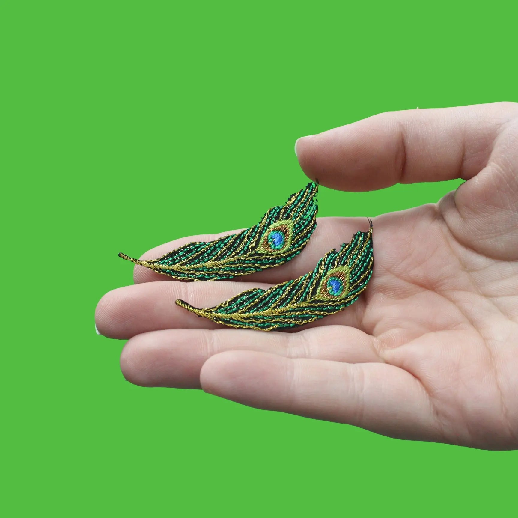 Peacock Feather Medium Metallic Green Combo Embroidered Iron On Patches
