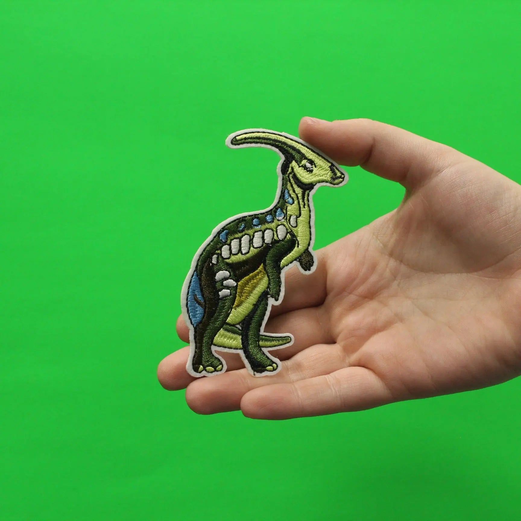 Parasaurolophus Green and Blue Standing Dinosaur Embroidered Iron on Patch